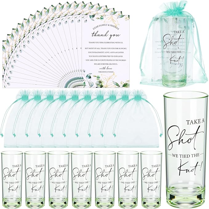 Sliner 50 Set Wedding Favors for Guests Bulk 2oz Acrylic Take a Shot We Tied the Knot Shot Glasses with Thank You Cards Organza Bags for Guest Souvenir Wedding Bridal Shower Gifts (Sage Green,Black)