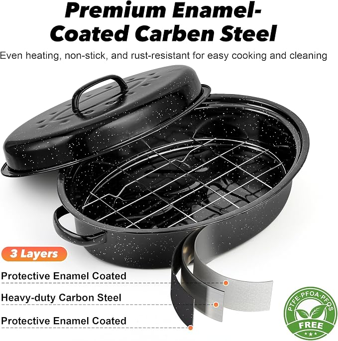 15” Roaster Pan with Lid and Rack, Small Enamel Roaster Pan with Oval Roasting Rack, Granite Baking Pot for Chicken Turkey Lamb, Heat Resistant, Oven/Dishwasher/All Stovestops Compatible