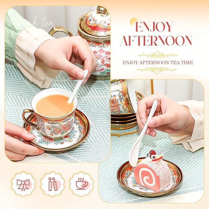 20 Pcs Porcelain Tea Set for Adults with Metal Holder and Spoon European Ceramic Tea Party Set Flower Painting Teapot Cup Saucer for Women Gift, Serving 6 People(Classic)