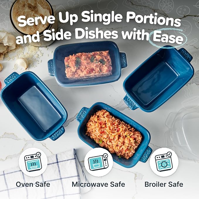 Souper Cubes Ceramic Baking Dishes - 5" x 3" Individual Baking Dishes for Oven with Silicone Lids, Oven, Microwave and Air Fryer Safe, Perfect for Reheating Single Serve Meals, Set of 4 - Blueberry
