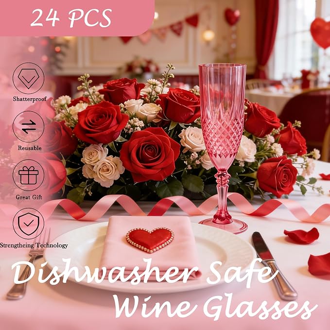 Plastic Champagne Flutes, Champagne Glasses Bulk, Reusable Unbreakable Acrylic Wine Glasses Goblets for Weddings Bachelor Parties Toasting Bridal Shower (24, Red)