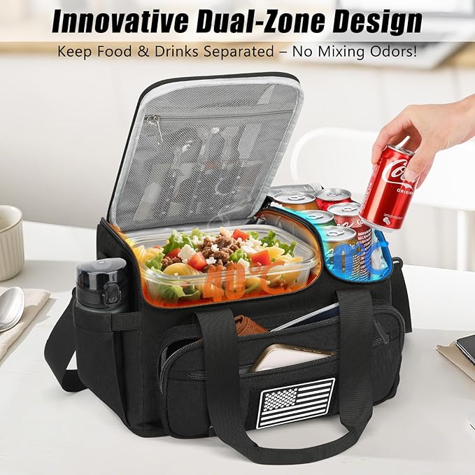 ETRONIK Tactical Lunch Box for Men, 20L Insulated Lunch Bag with Hot/Cold Compartments, Men's Lunch Box Fits 4 Meals + Snacks, Adult Lunch 8H Cooler Bags for Work, Hiking, Beach, Gym, Black