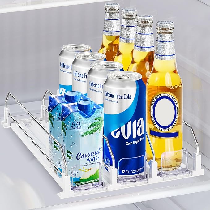 White Drink Organizer for Mini Fridge, Automatic Pusher Soda Can Organizer, Drink Dispenser for Can Beer Holds up to 12 Cans 3 Row (Depth 12.2" x Wide 9.9")