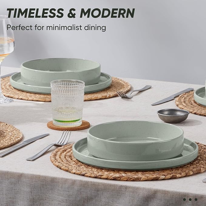 E-far 8-Piece Plates and Bowls Sets - Stoneware Dinnerware Sets with Pasta Bowls for 2 | Microwave & Dishwasher Safe Kitchen Modern Dish Set, Speckled Green