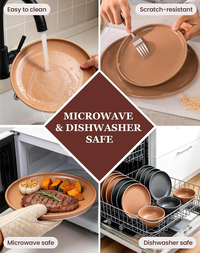 OTAGO 16-Piece Brown Stoneware Dinnerware Set for 4 with Mugs, Plates and Bowls Sets with Partially Unglazed Base, Scratch Resistant Ceramic Dish Set, Microwave & Dishwasher Safe for Kitchen