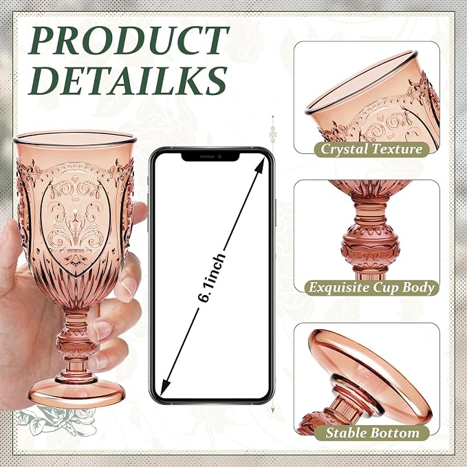 Wiwiqing 24 Pcs Plastic Goblets 7.5oz Vintage Goblet Plastic Wine Glasses Colored Retro Embossed Water Goblets for Wine Bar Juice Baby Shower Wedding Reception Grand Event Party (Rose Gold)