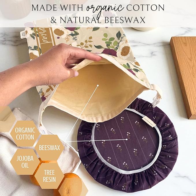 Nectar & Nest Bread Baker Set, Reusable Beeswax Bread Bags for Homemade Bread, Sourdough Bag, Organic Cotton Beeswax Bowl Cover, Limited-Edition Artist Series (December Blooms by Mackenzie Nelson Art)