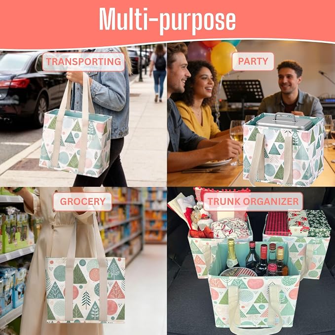 VENO 3 Pack Reusable Grocery Bags, Shopping Bags for Groceries, Tote with Handles and Hard Bottom, Foldable Shopping Cart Organizer, Water Resistant, Heavy-Duty (Pastel Forest, 6 Gallon)