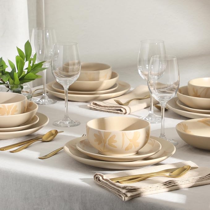 Gibson Home Admiral Hall Plates and Bowls Set, 16-Piece Floral Dinnerware Set, Cream Stoneware Dish Set, Dinner Plates, Salad Plates, Pasta Bowls & Cereal Bowls