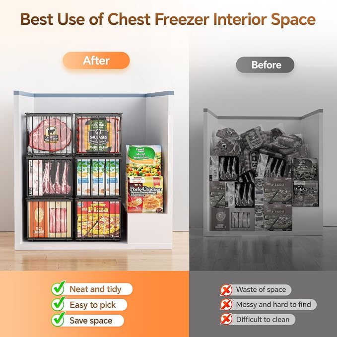 Freezer Organizer Bins, Enlarged Stackable Deep Chest Freezer Organizer Bins, Foldable Baskets with Handles, Storage Container Baskets for 5 to 9 Cu.FT Deep Freezer Sort Frozen Meats (black 3 pack)