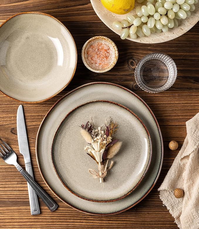 GBHOME Stoneware Dinnerware Sets for 6,18 Pieces Rustic Earthenware Plates and Bowls Set, Handmade Reactive Glaze Ceramic Plate Sets, Chip Resistant Dishes, Microwave & Dishwasher Safe,Driftwood Taupe