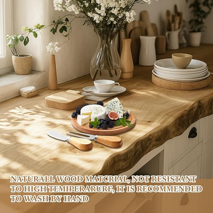 Maxcheck 1 Set Baby Shower Bridal Game Prizes for Winners Round Cheese Board Set Wood Mini Charcuterie Board with Knives and Forks Thank You Card with Gift Box for Guests Wedding (Cherry Wood)