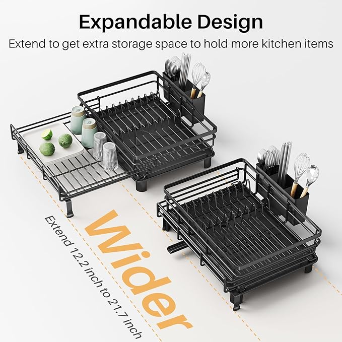 SNTD Dish Drying Rack - Extendable Dish Rack, Large Sink Drying Dish Drainer for Kitchen Counter, Stainless Steel Dish Strainer with Utensil Holder (Black)