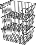 Stackable Wire Metal Baskets Sturdy Cabinet Organizer Wire Pantry Freezer Bin with Handle for Kitchen Fruit Vegetable Organization, Black, 3Packs