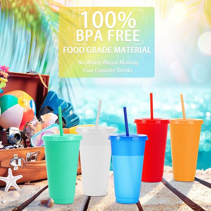 Honeydak 100 Pack Tumbler with Straw and Lid Bulk Glitter Plastic Cups Water Bottle Iced Coffee Travel Mug Reusable Party Favor Cups for Birthdays travel 24-27 oz (Vintage Color)
