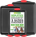 NutriChef 3‑Piece Nonstick Cookie Sheets – Carbon Steel Baking Sheet Set with Non Stick Coating & Red Silicone Handles – Oven Pans for Family Baking