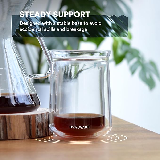 ovalware Double Wall Single Lip Insulated Glass Cup, Set of 4 (12oz / 350ml) - Borosilicate Glass For Coffee, Tea, Whiskey, Cocktails & All Beverages - Minimalistic & Durable Double-Wall Drinking Mug