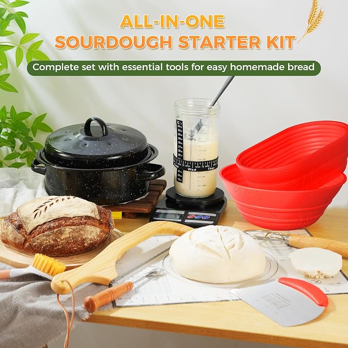 Sourdough Starter Kit for Beginners, 34 oz Starter Jar with Scale Marking, 2 Silicone Proofing Baskets, Complete Bread Baking Kit with Guide & Recipes, Easy to Use & Clean - Red