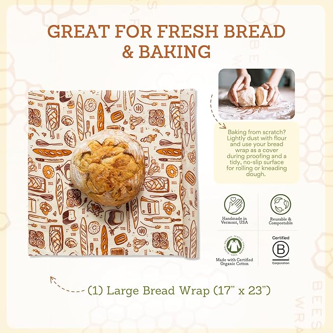 Bee's Wrap Beeswax Wraps for Bread - Beeswax Bread Wrap for Sourdough & Bread Storage - Plastic Free Made in USA Reusable Natural Food Wrap - Bakery Lane