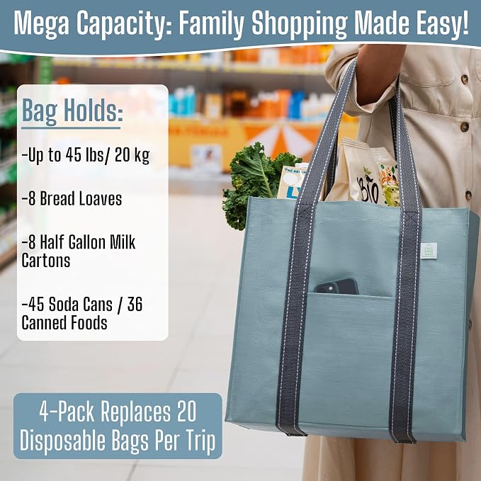 VENO 4 Pack Reusable Grocery Bags, Heavy-Duty Shopping Bags with Handles, Bags for Shopping Cart with Hard Bottom to Stand Upright, Foldable, Multi-Purpose(Light Blue, 4 Pack)