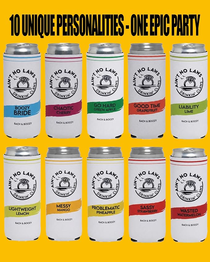 Funky Junque Bachelorette Party Favors Slim Can Cooler, Funny Bridesmaid & Bride Gifts for Girls Trip, Bridal Shower Decorations & Accessories, 12 oz Skinny Can Covers - Ain't No Laws - 10 Pack