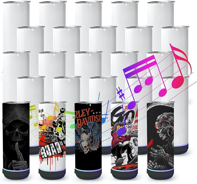 sweet grain Music Speaker Tumbler(25Pack) - 20 oz Sublimation Tumbler Skinny Straight with Speaker, Straw & USB Charging Cable, Music Tumbler Cup - Black