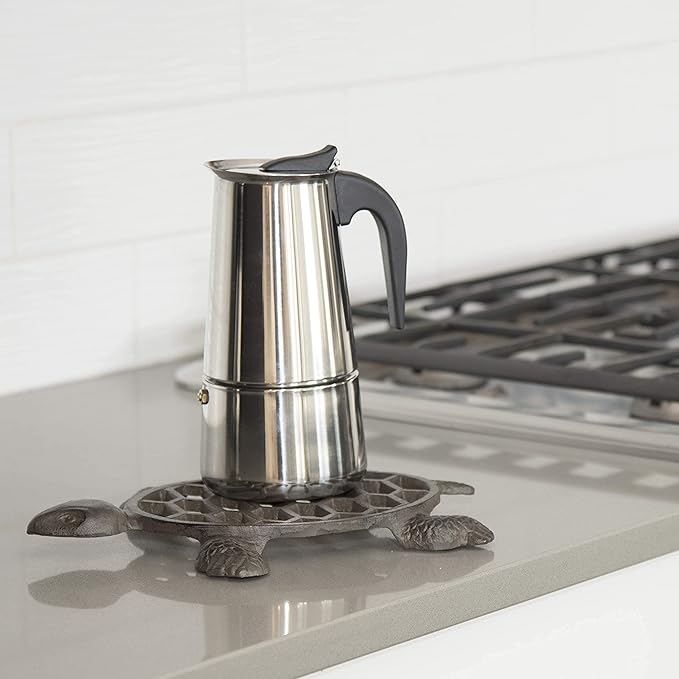 GASARÉ, Cast Iron Trivet for Hot Dishes, Pots, and Pans, Metal Trivet, Sea Turtle Design, Rubber Feet Caps, Ring Hanger, 11.5 x 8 Inches, Brown, 1 Unit