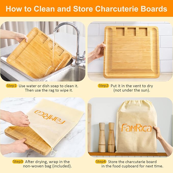 Charcuterie Board Set - FamRica Cheese Board with 2 Drawers, Bamboo Cheese Tray Serving - Unique, Wedding, Housewarming, Birthday Gifts