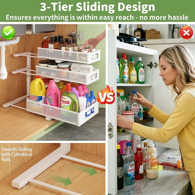 3-Tier Under Sink Organizer,2 Pack Height Adjustable Pull Out Cabinet Organizer Shelf, Thickened Metal Slide out Storage Drawer Rack for Bathroom Laundry Room Kitchen Pantry Organization (White)