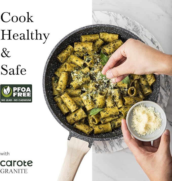 CAROTE Non Stick Frying Pan Skillet, Omelet Pan, Healthy Non Toxic Granite Chef Pan, Induction Compatible Egg Frying Pan with Heat-Resistant Handle, PFOA-Free,Black, 10"
