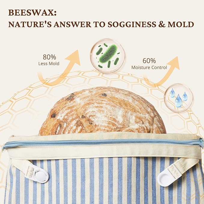 BRONYPRO Reusable Beeswax and Cotton Bread Bags with Zipper, 2-Pack Waxed Bread Bags for Homemade Bread & Sourdough, Sustainable Sourdough Loaf Storage to Lock in Freshness, Large 17x12.6in, Blue
