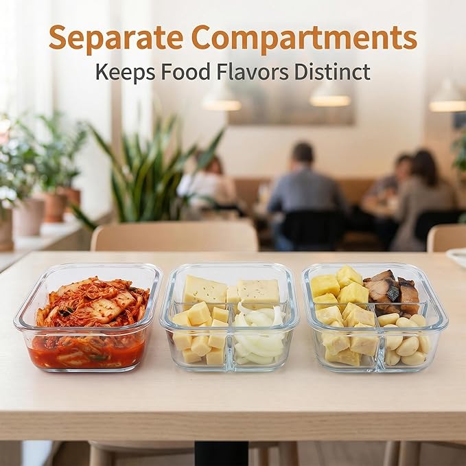 Glass Food Storage Containers with Lids, 1, 2 & 3 Compartment Meal Prep Set, 35 oz, Leakproof, BPA-Free, Oven & Freezer Safe, 6 Piece
