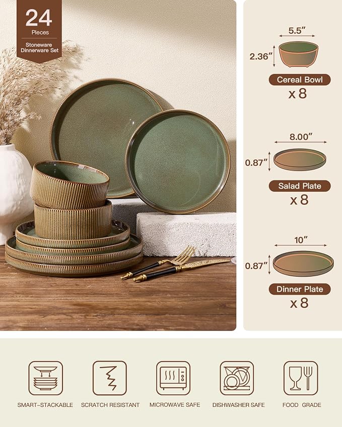 24-Piece Dinnerware Set Service for 8, Famiware Premium Stoneware Dish Set with Ribbed Plates and Deep Bowls, Double Reactive Glaze, Chip & Scratch Resistant, Microwave & Dishwasher Safe, Moss