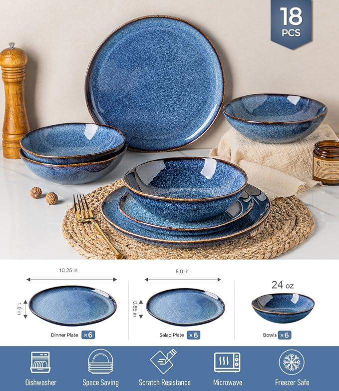 GBHOME Stoneware Dinnerware Sets for 6, 18 Pieces Rustic Earthenware Plates and Bowls Set, Handmade Reactive Glaze Ceramic Plate Sets, Chip Resistant Dishes, Microwave & Dishwasher Safe, Sea Blue