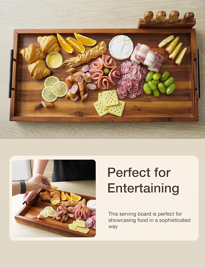 TIDITA Acacia 30 Inch Large Charcuterie Boards for Party with Cheese Knife Set of 4 – Acacia Wood Serving Tray with Handles, Long Charcuterie Board, Wooden Cheese Board
