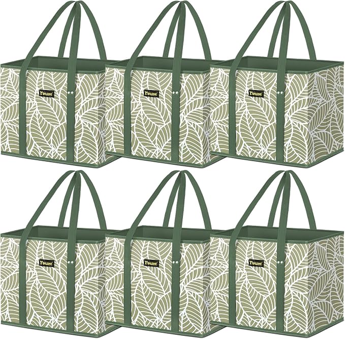 BALEINE 6Pk Reusable Grocery Bags, Foldable Shopping Bags for Groceries with Reinforced Bottom & Handles (Antique Foliage)