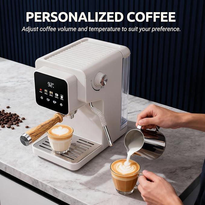 Touchscreen Espresso Machine with Steam Wand, 40.6oz Water Tank | Milk Frother for Cappuccino, Latte, Compact Design, Quick Thermoblock Heating System, 40.6oz Removable Water Tank