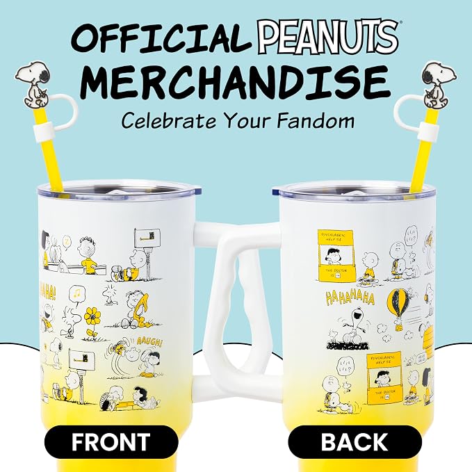 Silver Buffalo Peanuts Iconic Scenes Charlie Brown, Snoopy, Woodstock, Lucy, Sally, Linus Double Walled Stainless Steel Tumbler with Handle, Straw, & Straw Cap, Fits in Standard Cup Holder, 40 Ounces
