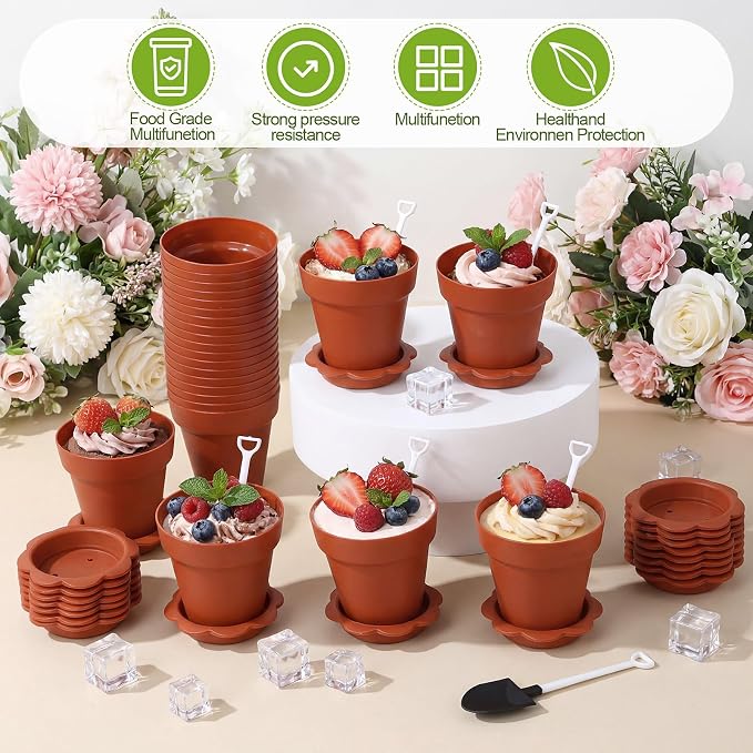 Patelai 24 Pack Flower Pot Dessert Cups with Shovel Spoons Plastic Cake Desserts Cups for Farmers Market Construction Birthday Party Baking Supplies, Ice Cream, Cupcakes, Yogurt, Pudding