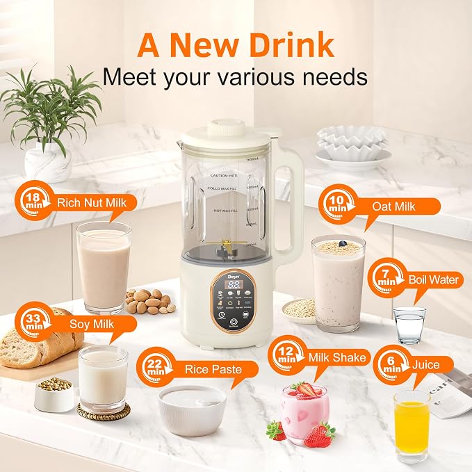 Beyn 10-in-1 60oz Nut Milk Maker Machine, Automatic Self-Cleaning Soy Almond Oat Milk with 48-BladesBlender, Large Capacity Plant-Based Milk Maker with Delay Start & Keep Warm