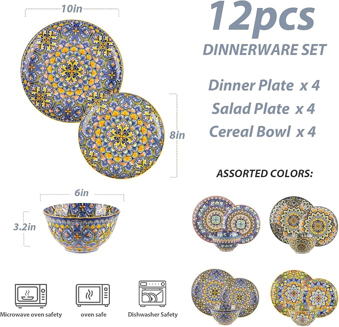 12-Piece Bohemian Floral Ceramic Dinnerware Set, Vibrant Mandala Floral Plates Bowls, Decorative Plates & Bowls, Microwave & Dishwasher Safe for Kitchen