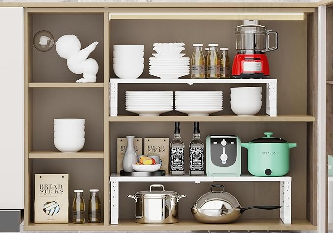 Jojocross Expandable Stackable Spice Rack Organizer for Kitchen Cabinet,Adjustable Counter Shelf, countertop, Pantry,Cupboard,Bathroom,Bedroom(2Packs/White/Medium)