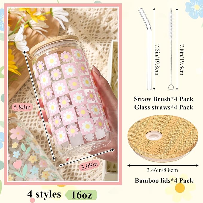 Mumufy 4 Pack Wildflower Glass Cups Gift Aesthetic Cute Glass Cup Tumbler Flower Iced Coffee Mugs 16 oz with Bamboo Lid & Straw, for Wedding Birthday Bridesmaid Mom Baby Shower