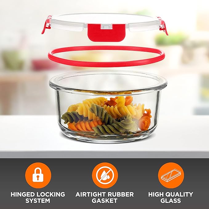 SereneLife 24 Piece Glass Storage Containers with Lids, 12 Pack Glass Meal Prep Container Set for Lunch, Kitchen Storage, Food Storage, Leak Proof, Freezer Safe and Dishwasher Safe, Red