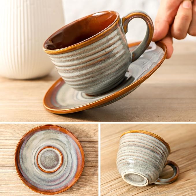 Ceramic Espresso Cups with Saucers 8 Oz,Set of 4 Cappuccino Mug with Handle for Coffee,Tea,Latte and Macchiato,Porcelain Demitasse Cups Set for Kitchen and Cafe,Christmas Gift,Brown