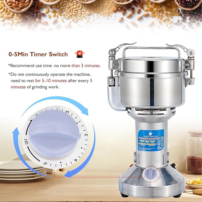 MAGIC MASTER 400g Grain Mill Grinder Electric,High Speed 1650W Commercial Safety Stainless Steel Dry Spice Grinder Machine For Flour Wheat Nut Corn Rice Pepper Herbs Coffee Beans,Upright,110V