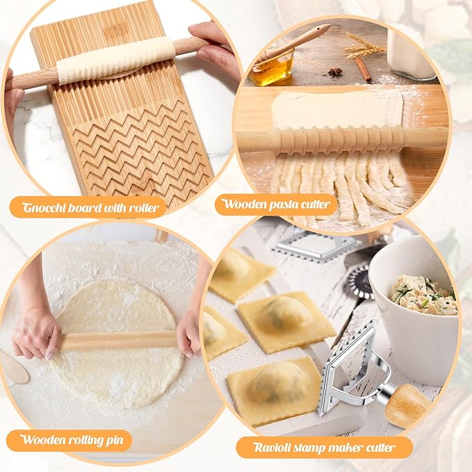 Tioncy 7 Pcs Pasta Making Tool Set Wood Gnocchi Board with Ravioli Stamp Ravioli Maker and Rolling Pin Homemade Gnocco Maker Kitchen Gift for Home Baking Lovers(Design Gnocchi Board Set)