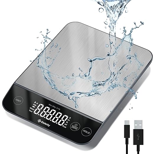 Etekcity 22lb Food Kitchen Scale, USB Rechargeable, IPX6 Waterproof | Digital scale with grams & ounces, 1g precision, 5 weight units, tare, ideal for baking, meal prep, Stainless Steel, Silver