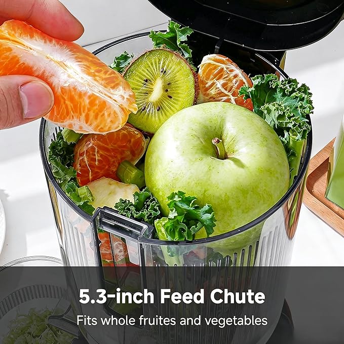 Cold Press Juicer Machine, 5.3" Extra Self-Feeding Chute for Whole Vegetables & Fruits, Large Auger & Triple Strainers, High Juice Yield, Easy to Clean, Stainless Steel Silver