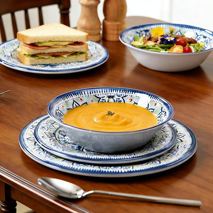 12-Piece Blue Melamine Dinnerware Set, Service for 4, Unbreakable Kitchen Plate and Bowl Set for Indoor & Outdoor Use, Lightweight and Durable, Great for Camping, Picnics, Parties and RVs
